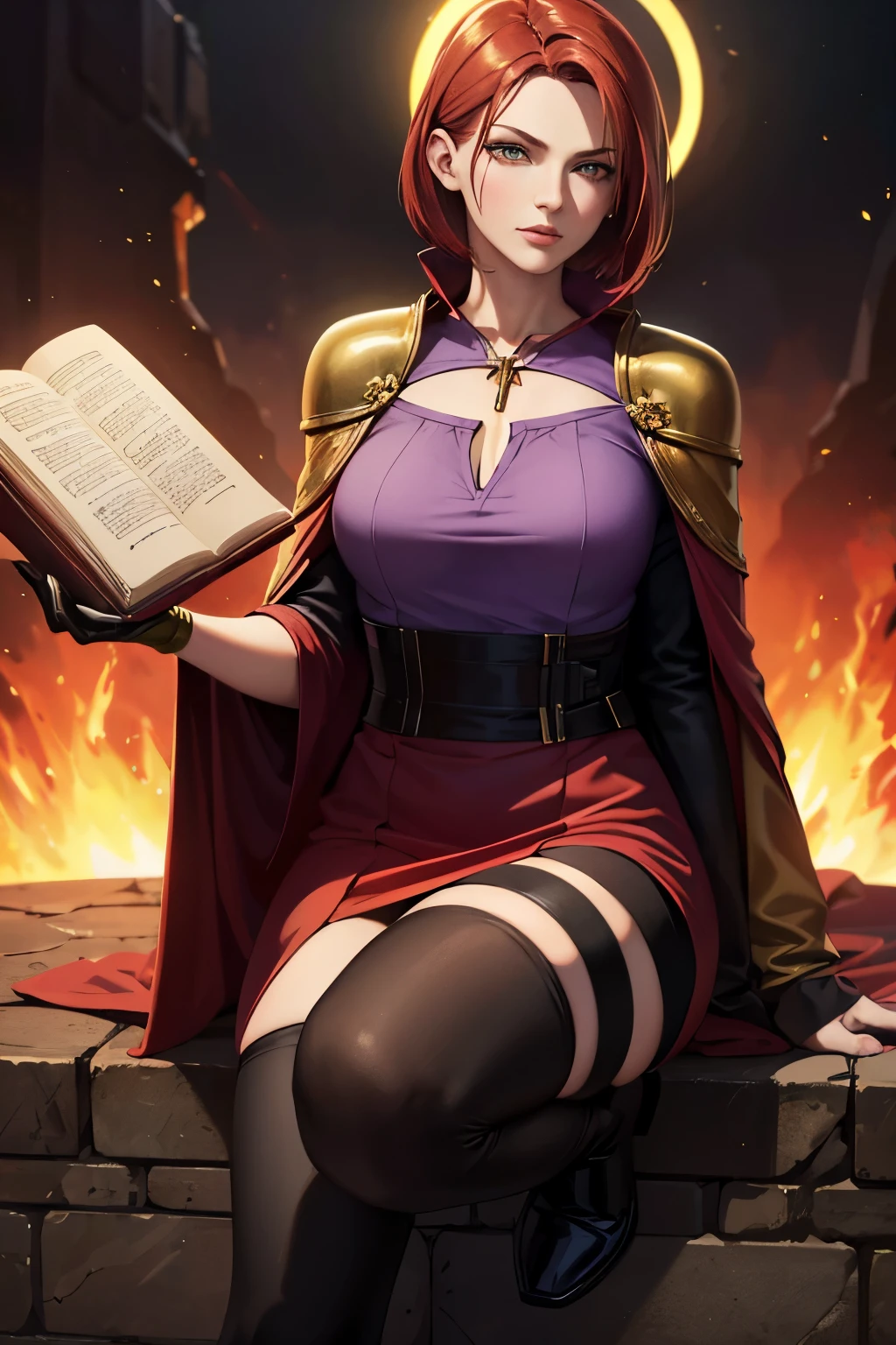 (best quality,highres),(realistic:1.37)Aazimar with fiery red hair, a bob haircut swept to the right eye, golden eyes, a flowing purple cloak with green blouse, a golden halo above head, holding a spellbook in the left hand, full length figure, black boots, in a dark fantasy atmosphere