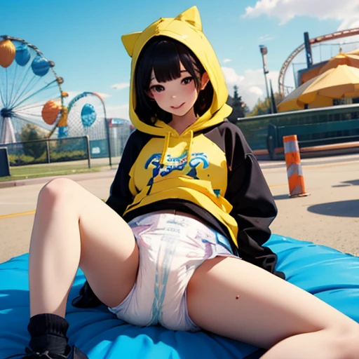 girl in wet diaper Cute kpop girl, pee diaper, wet diaper, hoodie, smile, park, primary colors  - SeaArt AI