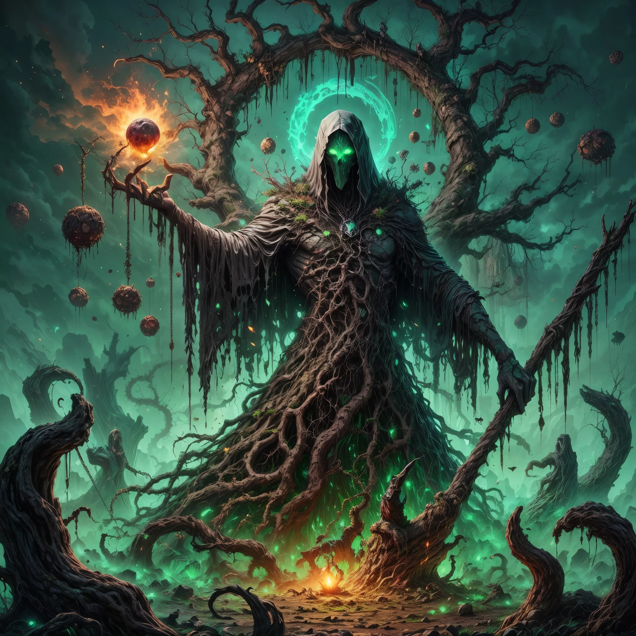 dark soul boss,elden Ring style,a corrupted tree man, an eldritch being inside a tree, 8 long thick root came from the back, corrupted wood hand and arm,  holding a runic dead tree branch as a spear, toxic fruit as bomb,thick trunk tentacles,glowing green eye,death green aura, open mouth, holding corrupted death fruit, astral ghost flying around, 