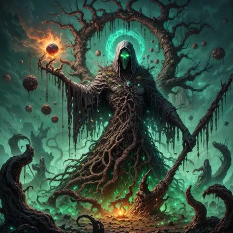 dark soul boss,elden ring style,a corrupted tree man, an eldritch being inside a tree, 8 long thick root came from the back, cor...