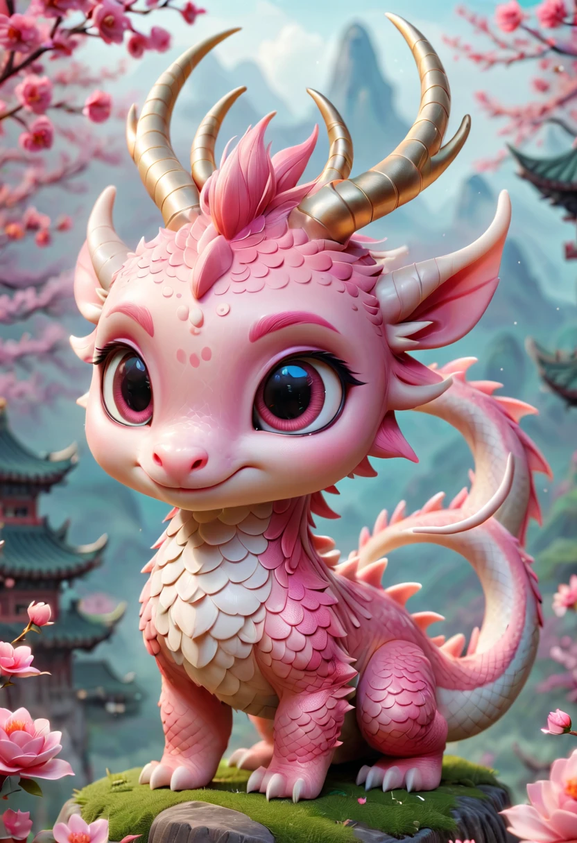 Q version，Cute little dragon，Chinese dragon，pink space，festive atmosphere，Spring Festival，Lovely antlers，Chinese elements，Cartoon，Cute pet，Lively