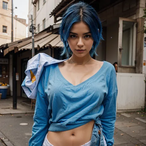 fanny, blue haired woman,  beautiful woman, nice clothing, real life