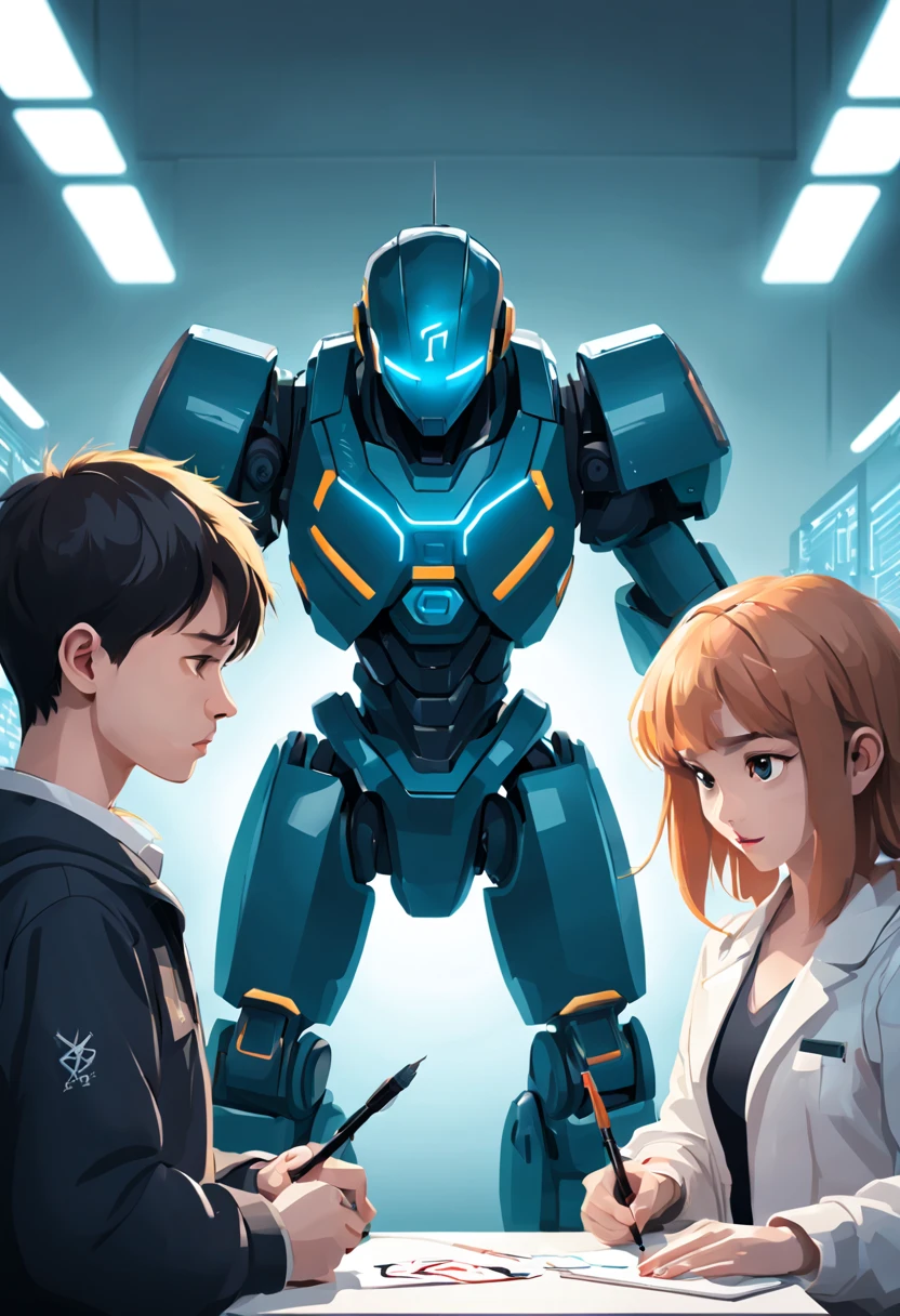 two students and an art student who are fighting against artificial intelligence with their weapons pen and brush to fight against the artificial intelligence who took over their jobs