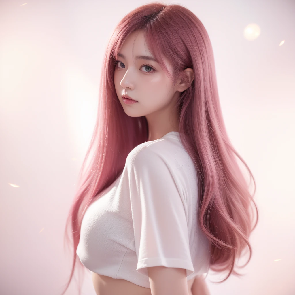  girl with long pink hair and white shirt posing for a picture, realistic, soft portrait shot 8 k, 8k artgerm bokeh, realistic artstyle, 8k portrait render, realistic hair, render of april, realistic young girl