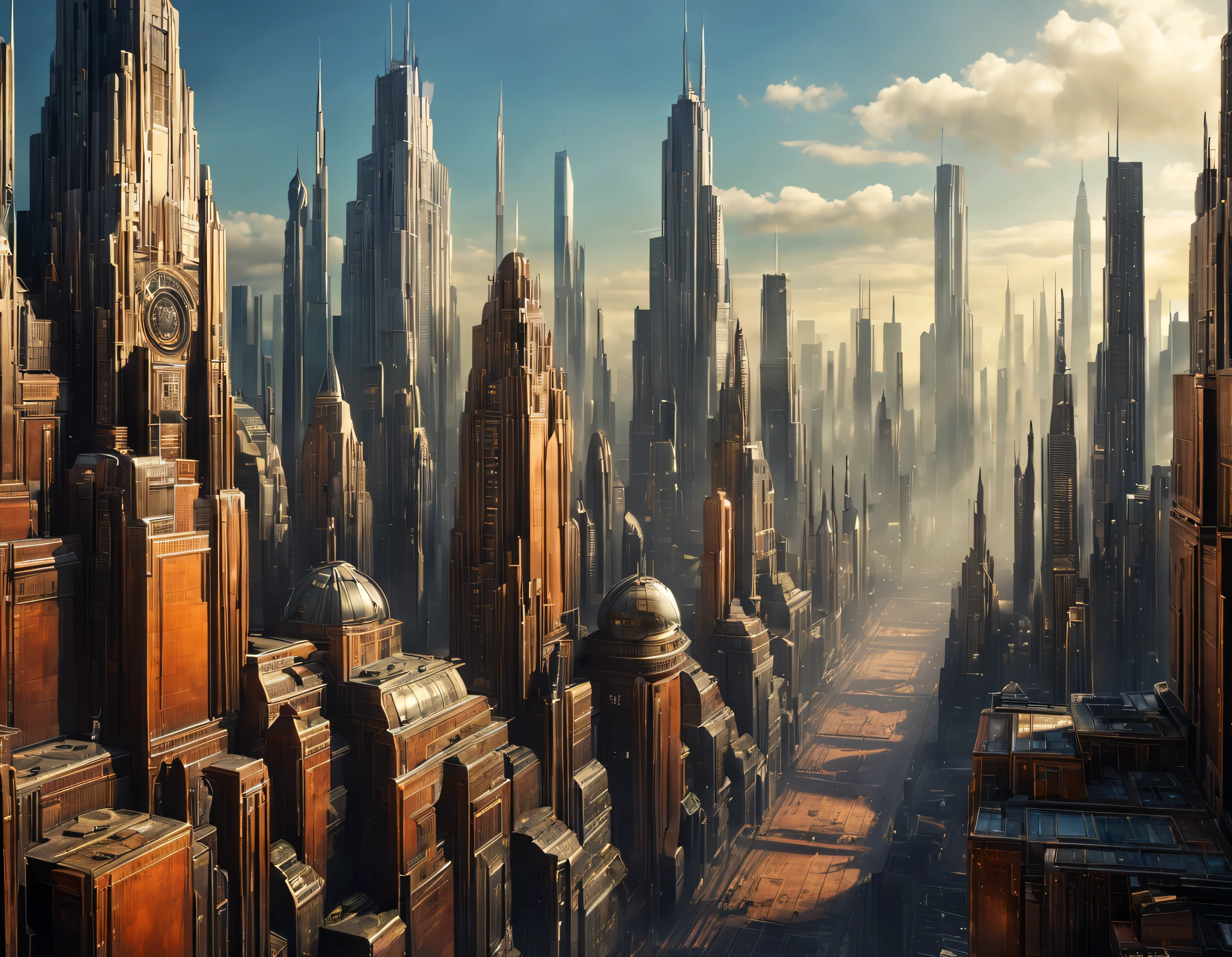 (A cidade de Coruscant de Star Wars projetada por Doug Chiang), cidade de fantasia futurista com imensos edifícios de design tecnológico (que formam uma avenida infinita), edifícios compactadores não desfocados com aparência metálica, luzes nas janelas dos edifícios, iluminação diurna com sol, com espetaculares estruturas de vidro, (Com cores brilhantes). pavimento ensolado (aborrecido). pessoas andando. imagem bem definida com muitos edifícios juntos. imagem nítida e bem definida de 8k. os edifícios alcançam o fundo.,8k. imagen cinematografica. ((obra-prima de alta qualidade)). (Renderização 3D).