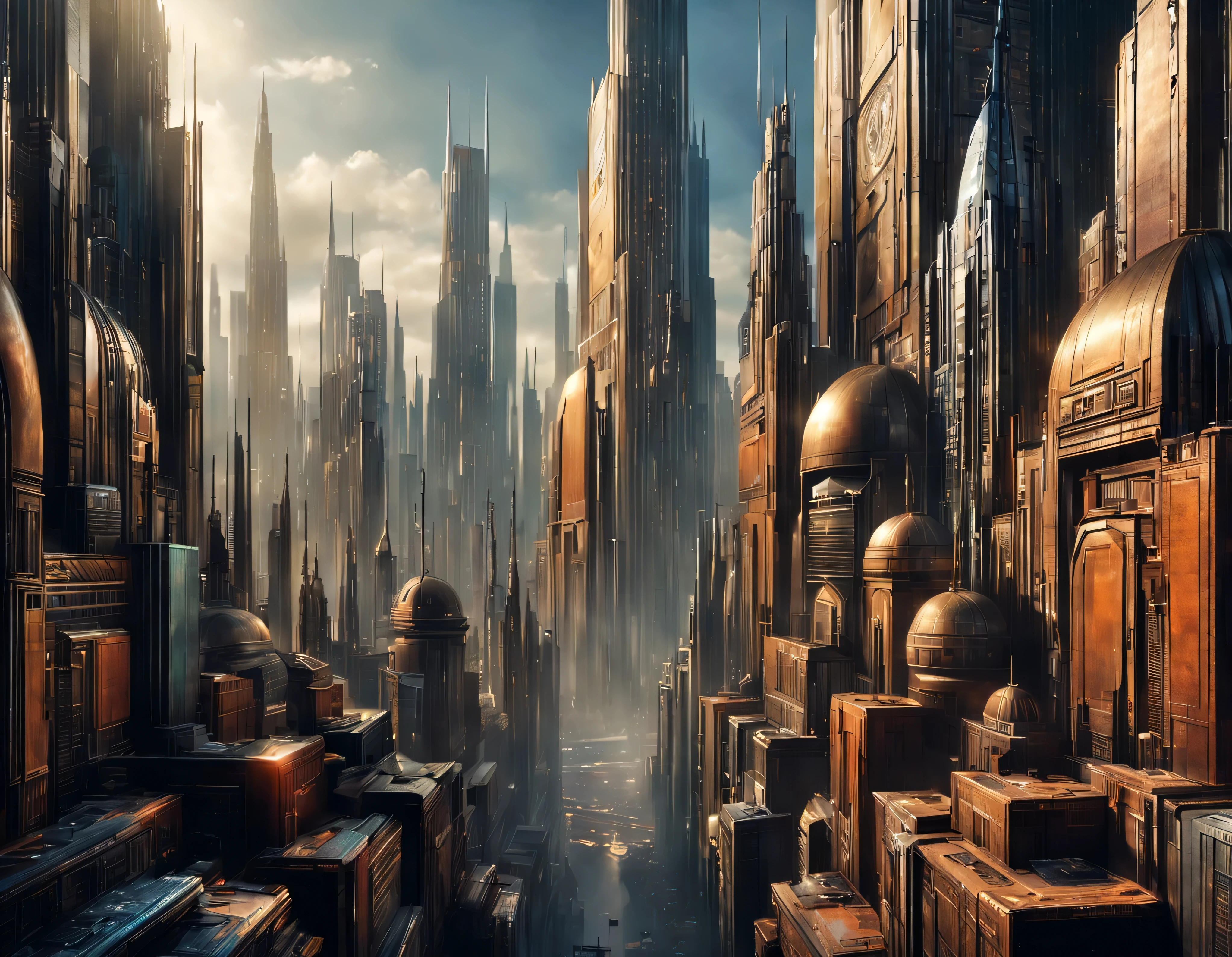 (The city of Coruscant from Star Wars as designed by Doug Chiang), futuristic fantasy city with immense buildings of technological design (que forman una avenida infinita), edificios compactor no difuminados con aspecto metalico, luces en ventanas en edificios, iluminacion diurna con sol, con estructuras acristaladas espectaculares, (con colores vivos). pavimento ensolado (sin brillo). gente paseando. imagen bien definida con muchos edificios juntos. imagen nitida bien definida 8k. los edificios llegan alta el fondo.,8k. imagen cinematografica. ((obra maestra de superior calidad)). (renderizado 3D).