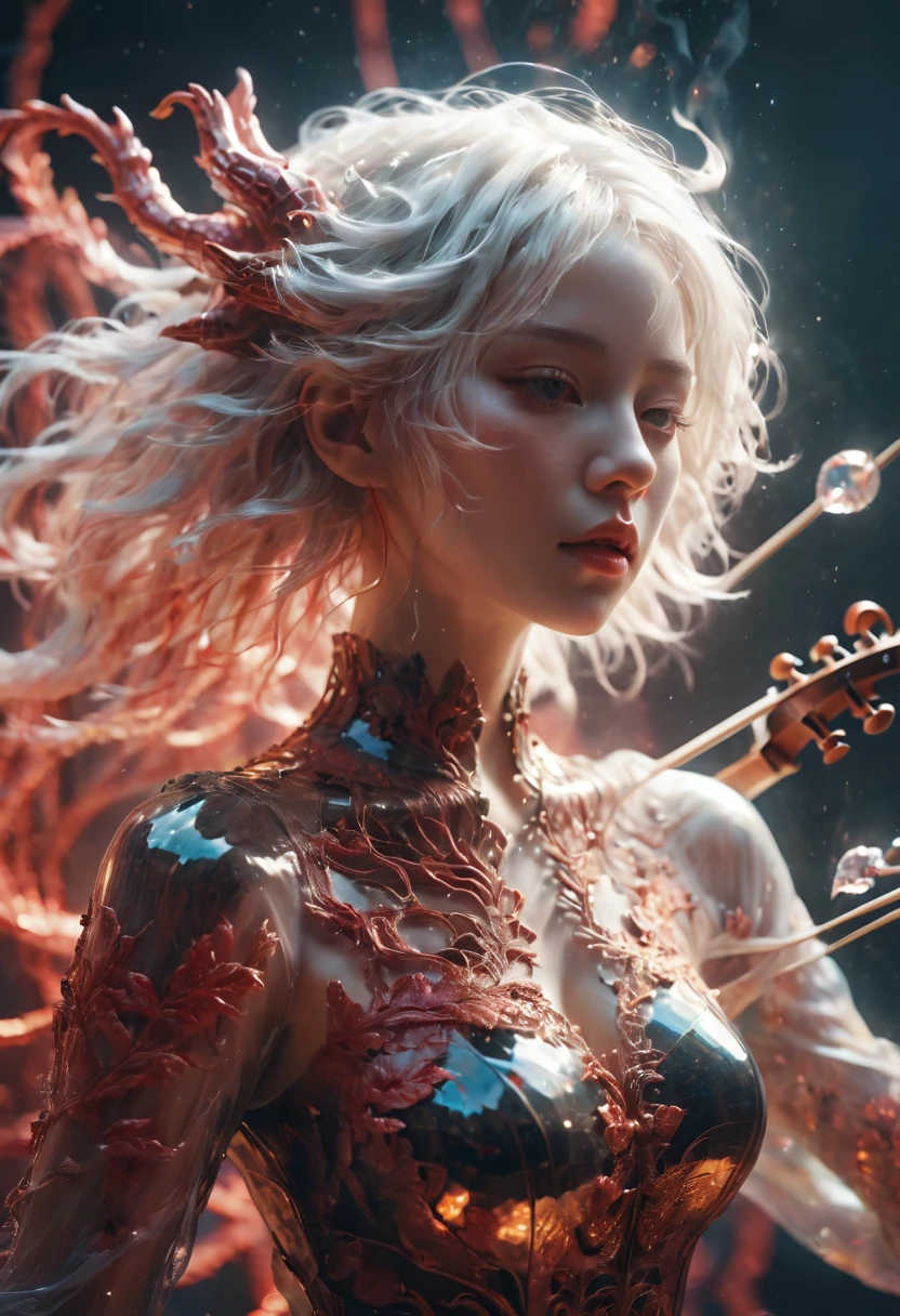Foto rAW, (Black and red : Portrait of a ghostly girl playing the violin, shiny aura, 非常詳細, gold filigree, intricate motifs, organic tracery, by Android jones, Januz Miralles, Hikari Shimoda, glowing stardust by W. Zelmer, perfect composition, 光滑的, sharp focus, sparkling particles, lively coral reef background realistic, realism, 高畫質, 35mm photograph, 8千), masterpiece, award winning photography, natural light, perfect composition, 高細節水平, hyper realistic cinematic photo art rAW candid close up photo of an ethereal neural network organism with a glittering pearl helmet, holographic color, waterdrops, 神聖的 (cyborg dragon:2 girl:0.3, white hair:0.5 biomorph), 玻璃骨架, 豪特洛斯:3, 生物力學細節, (empty background), natural lighting, h 的風格. r. giger, (sharp focus, hyper detailed, highly intricate), . Extremely high-resolution details, photographic, realism pushed to extreme, fine texture, incredibly lifelike,35mm photograph, 電影, 散景, professional, 4k, 非常詳細