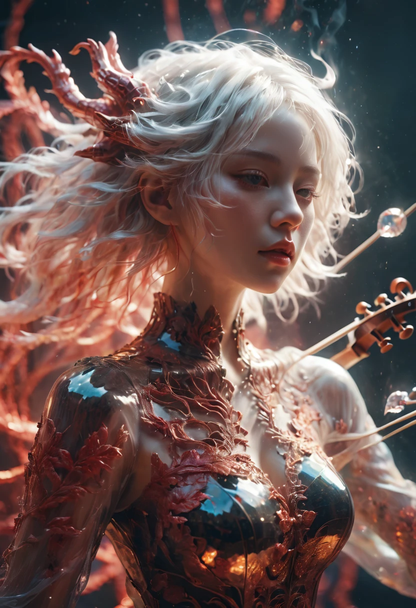 Foto rAW, (Black and red : Portrait of a ghostly girl playing the violin, shiny aura, très détaillé, gold filigree, intricate motifs, organic tracery, by Android jones, Januz Miralles, Hikari Shimoda, glowing stardust by W. Zelmer, perfect composition, lisse, sharp focus, sparkling particles, lively coral reef background realistic, realism, HD, 35mm photograph, 8 MILLE), masterpiece, award winning photography, natural light, perfect composition, Haut niveau de détail, hyper realistic cinematic photo art rAW candid close up photo of an ethereal neural network organism with a glittering pearl helmet, holographic color, waterdrops, Divin (cyborg dragon:2 girl:0.3, white hair:0.5 biomorph), Squelette de verre, hautlos:3, Détails biomécaniques, (empty background), natural lighting, style de h. r. giger, (sharp focus, hyper detailed, highly intricate), . Extremely high-resolution details, photographic, realism pushed to extreme, fine texture, incredibly lifelike,35mm photograph, film, bokeh, professional, 4k, très détaillé