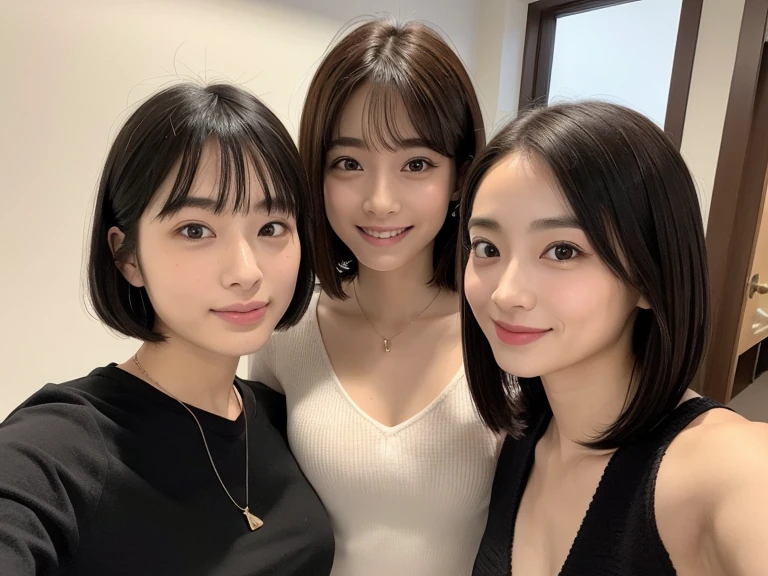 A face like Suzu Hirose、looking at the viewer、smiling、two girls、16 year old girl、chest bulge、bob hairstyle、taking a selfie、night、provoking、