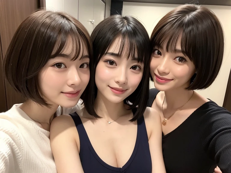 A face like Suzu Hirose、looking at the viewer、smiling、two girls、16 year old girl、chest bulge、bob hairstyle、taking a selfie、night、provoking、