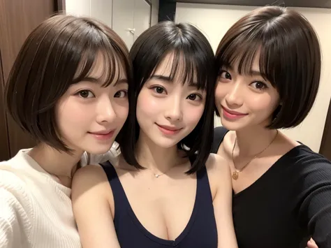 A face like Suzu Hirose、looking at the viewer、smiling、two girls、16 year old girl、chest bulge、bob hairstyle、taking a selfie、night...
