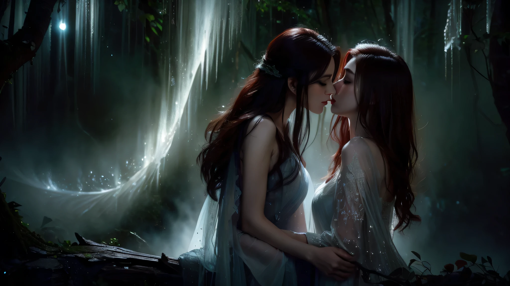 (best quality,4k,highres,masterpiece:1.2),ultra-detailed,(realistic:1.37),HDR,UHD,studio lighting,extremely detailed,fantasy,romantic,dark,night,enchanted forest,red hair flowing in the rain,soft and gentle expression,gentle touch,two girls in love,passionate kiss,hidden among the trees,misty atmosphere,mysterious ambiance,whispering leaves,glowing eyes,shimmering droplets,subtle moonlight,pure emotions,ethereal beauty secret,undeclared love,intimate moment,fleeting connection,unseen love story,forbidden love,lost in time,magical encounter,whispered promises