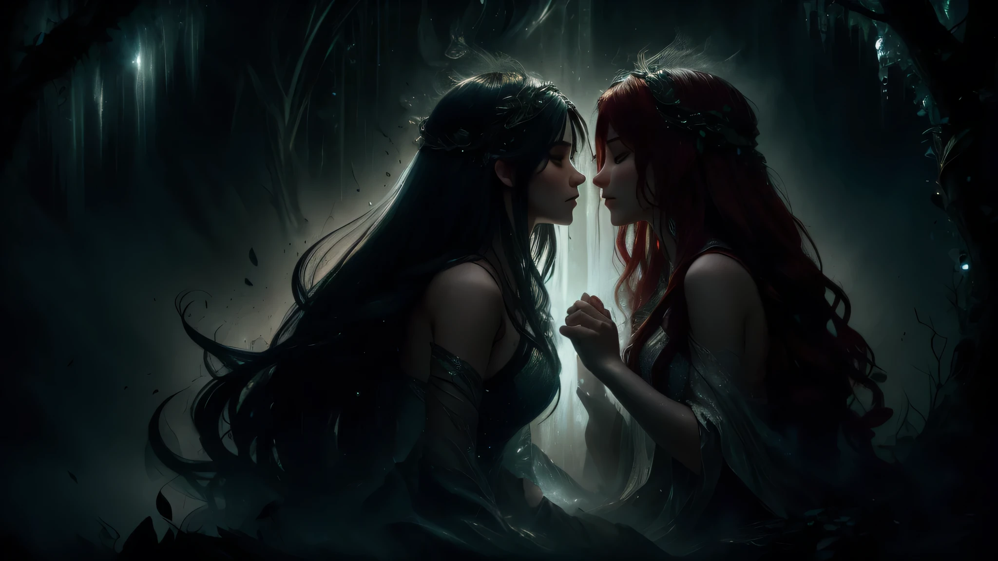 (best quality,4k,highres,masterpiece:1.2),ultra-detailed,(realistic:1.37),HDR,UHD,studio lighting,extremely detailed,fantasy,romantic,dark,night,enchanted forest,red hair flowing in the rain,soft and gentle expression,gentle touch,two girls in love,passionate kiss,hidden among the trees,misty atmosphere,mysterious ambiance,whispering leaves,glowing eyes,shimmering droplets,subtle moonlight,pure emotions,ethereal beauty secret,undeclared love,intimate moment,fleeting connection,unseen love story,forbidden love,lost in time,magical encounter,whispered promises