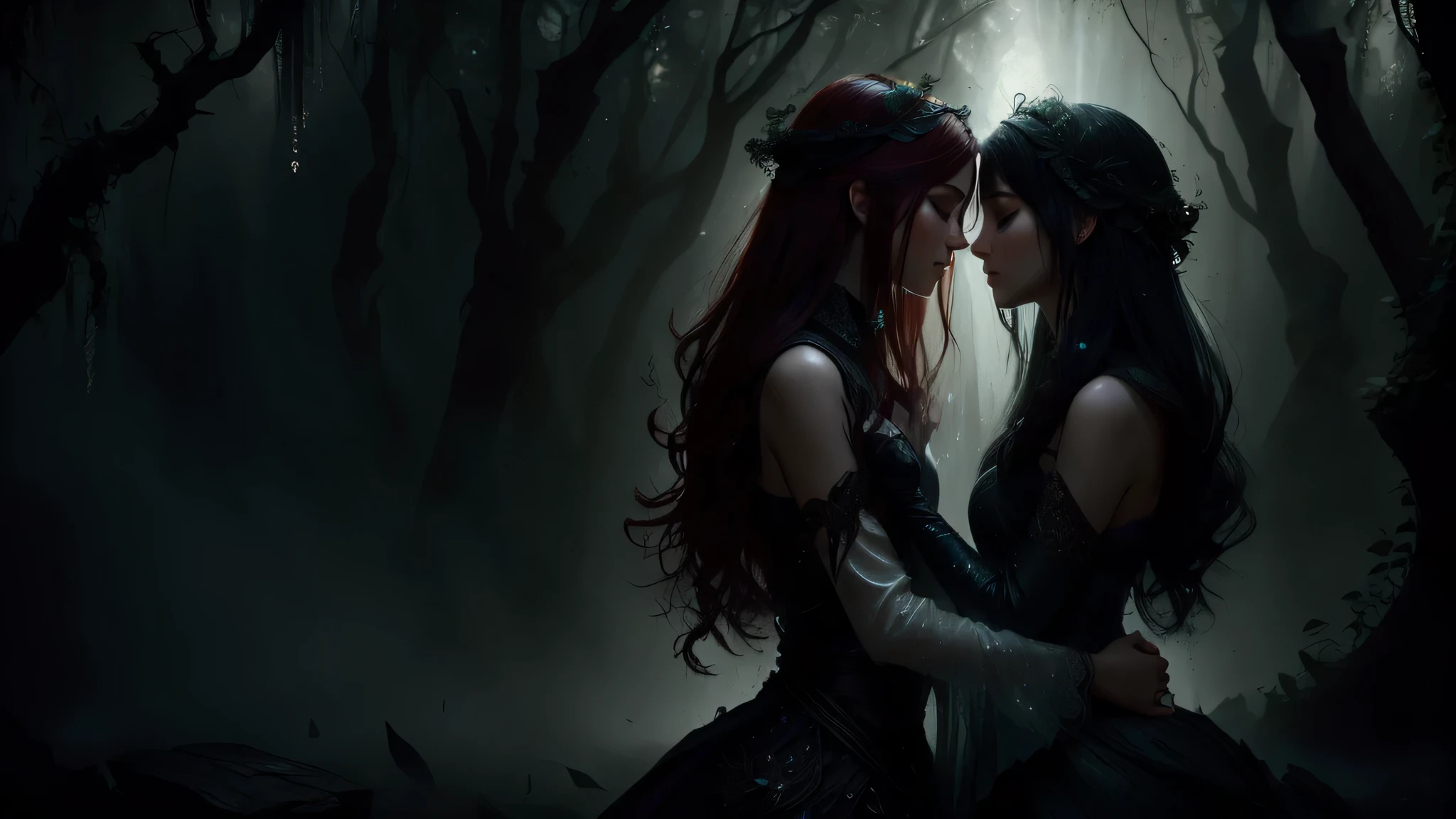 (best quality,4k,highres,masterpiece:1.2),ultra-detailed,(realistic:1.37),HDR,UHD,studio lighting,extremely detailed,fantasy,romantic,dark,night,enchanted forest,red hair flowing in the rain,soft and gentle expression,gentle touch,two girls in love,passionate kiss,hidden among the trees,misty atmosphere,mysterious ambiance,whispering leaves,glowing eyes,shimmering droplets,subtle moonlight,pure emotions,ethereal beauty secret,undeclared love,intimate moment,fleeting connection,unseen love story,forbidden love,lost in time,magical encounter,whispered promises