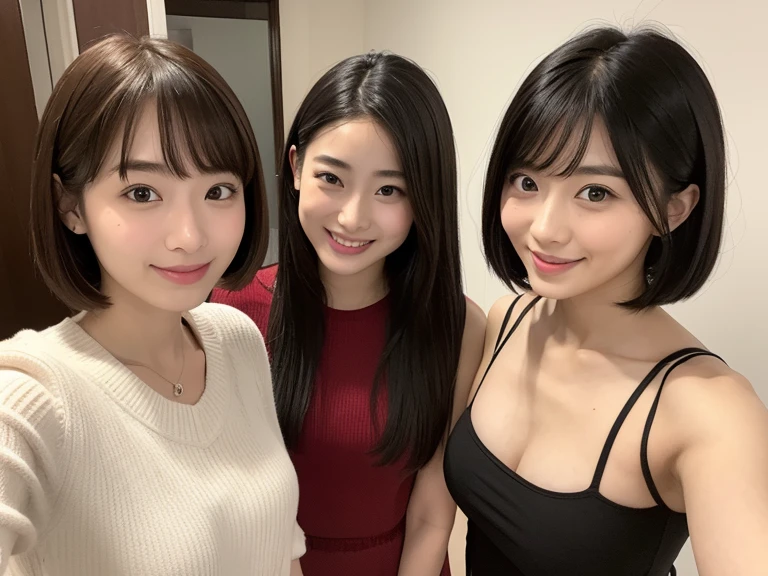 A face like Suzu Hirose、looking at the viewer、smiling、two girls、16 year old girl、chest bulge、bob hairstyle、taking a selfie、night、provoking、
