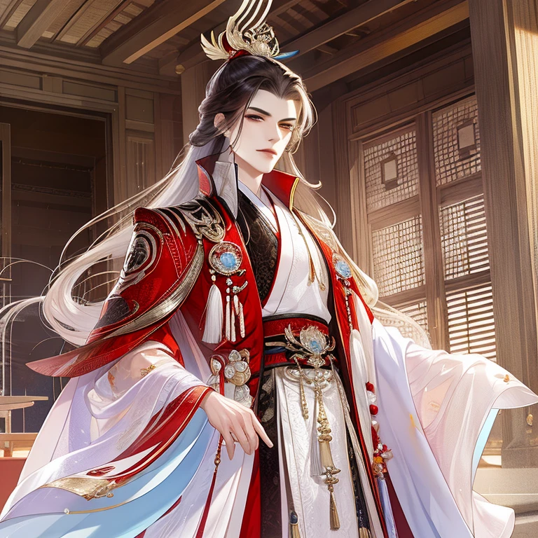 best quality，masterpiece，16k，1 handsome man，beautiful eyes，Character standing painting，male focus，Dark brown hair，long white hair，Imperial temperament，asian architecture palace，Gorgeous hair accessories，Red clothes，looking at the audience，Hanfu，red pillar，ink style，