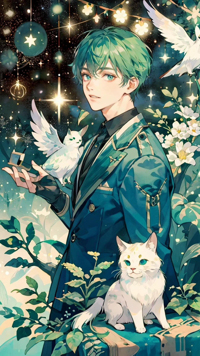 (((masterpiece))),best quality, whitetown,starry sky, 1 man, smile, short green hair, prince