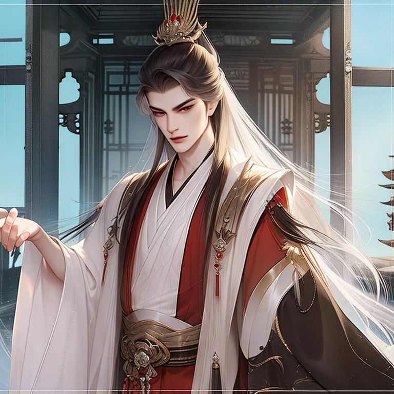 best quality，masterpiece，16k，1 handsome man，beautiful eyes，Character standing painting，male focus，Dark brown hair，long white hair，Imperial temperament，asian architecture palace，Gorgeous hair accessories，Red clothes，looking at the audience，Hanfu，red pillar，ink style，Detailed face，