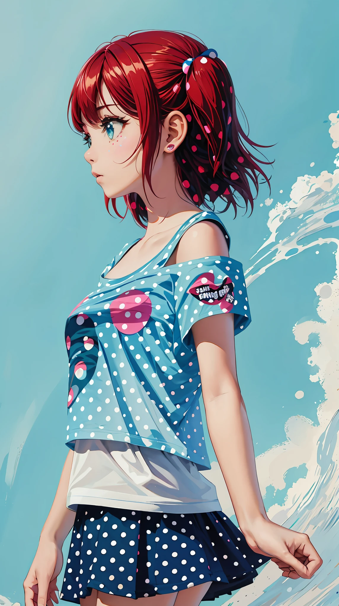 ((Chibi)), Ruby kurosawa, aqua eyes, medium hair, red hair, two side up, twintails,, highest quality, illustration, (painting: 1.3),(Polka dot t-shirt: 1.9), big eyes, long lashes, girl, beautiful girl, white shoulder shirt, super detailed, beautiful detailed face, blue gradient, light blue splash, splash, light blue splash, masterpiece, , upper body, bare shoulders, bare shoulders, bare shoulderes,, 10 years old, from the side, looking here, resolution max, super babe, light blue sky, dynamic angle, thin paint style, messy lines, top quality, masterpiece, high saturation, paint, beautiful makeup, mouth closed,