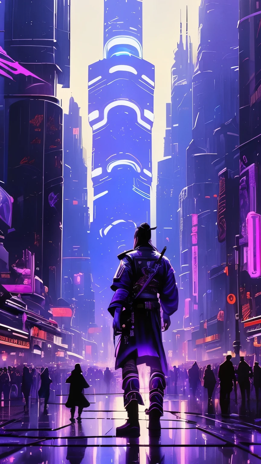 (masterpiece, top quality, best quality, official art, beautiful and aesthetic:1.2)Samurai, in cyberpunk city,(blue purple neon lighting), (vibrant glow), dynamic colors, striking contrast, futuristic vibe, electric energy,reflective surfaces,(cityscape:1.3),8k,official wallpaper, (cyberpunk:1.2) ,future