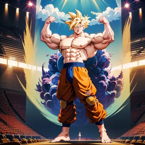 anime-stil , high quality full body image of goku as a bodybuilder, ist&#39;ich trage nur einen tanga , ohne schuhe, feet, bare ...