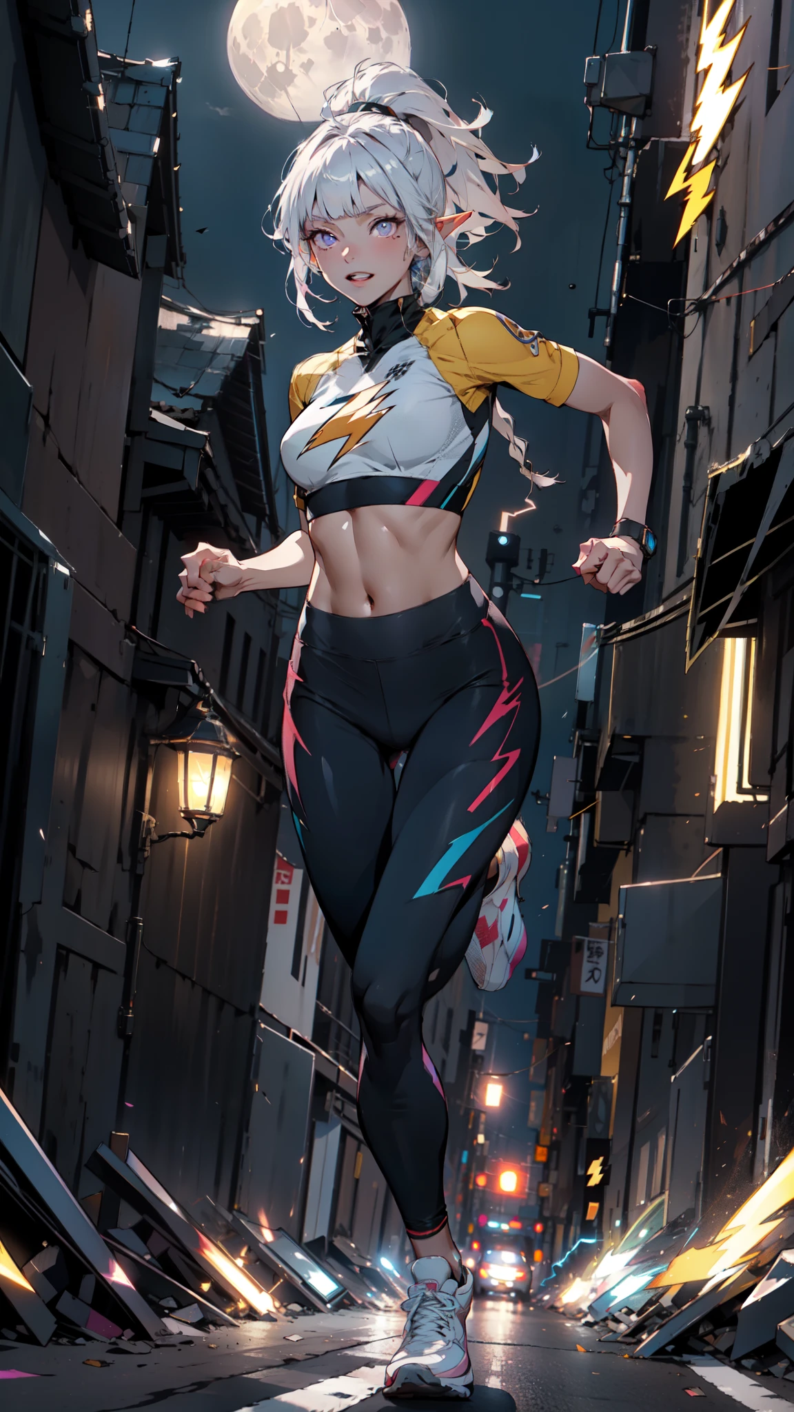 ((masterpiece)), (top quality), (best quality), ((ultra-detailed, 8k quality)), Aesthetics, Cinematic lighting, (detailed line art), absurdres, (best composition), (high-resolution), (Ray tracing), 
BREAK,
A very cute of ((dark elf girl)), (White and lemon yellow lined Jersey), sports leggings, sneakers, she ((sprints)), ((running)), lighting, light trails, (motion blur), lightning motif, lightning, a burst of electricity, she sprints, super speed, speed that leaves an afterimage, sprinter, speedster, ((low-angle shot following athletes' movements)), ((atmospheric perspective )), cinematic dramatic atmosphere, big city roads, ((City of night)), ((night)), (full moon: 1.2),  
BREAK,
highly detailed of (dark elf), (1girl), solo, perfect face, details eye, ahoge, French braids, long sideburns, ponytail, (white shining hair), (hime cut bangs), medium hair, (violet eyes), shining eyes, (beautiful detailed eyelashes, eyeshadow, pink eyeshadow), grin and laugh, Concept art by Mikimoto Haruhiko, by Kawacy, By Yoshitaka Amano,
BREAK, 
((perfect anatomy)), perfect body, Abs, (medium breast), perfect hands, perfect face, beautiful face, beautiful eyes, perfect eyes, (perfect fingers, deatailed fingers), correct anatomy, perfect legs, ((dark skin:1.2))
