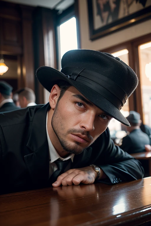 Huge man, gangster, black hat with brim in the style of the 30s, strict black suit, in an old bar, threatens , eye contact, looks at the viewer, masterpiece, best quality, perfect detail, perfect face detail, perfect eye detail, perfect detail  skin, depth of field, ideal lighting
