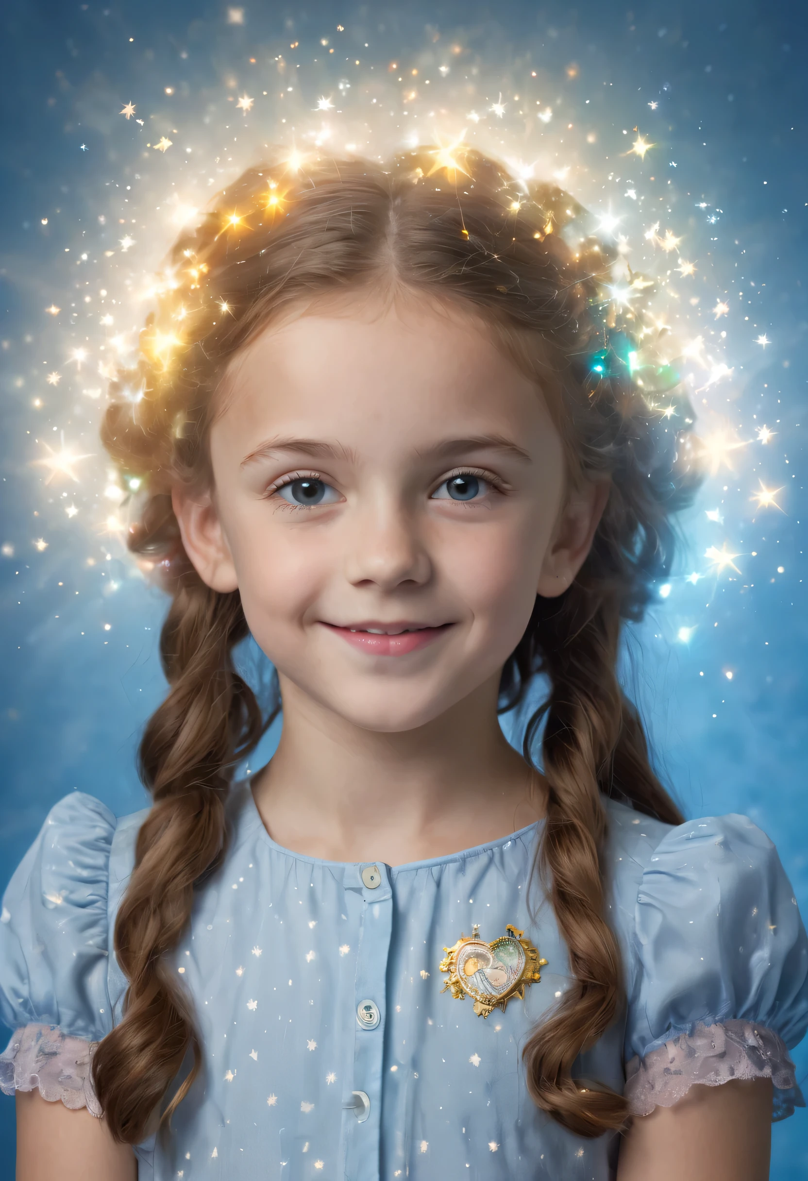  Mina Shakespeare posing for her school picture - Sparkling, Sky blue Background, professional quality studio 8x10 UHD Digital photograph by Scott Kendall - multicolored spotlight, Photorealistic, realistic stock photo, Professional quality Photograph. colored Fog - Multicolored lightning, 3D bubbles, hearts, stars, clovers