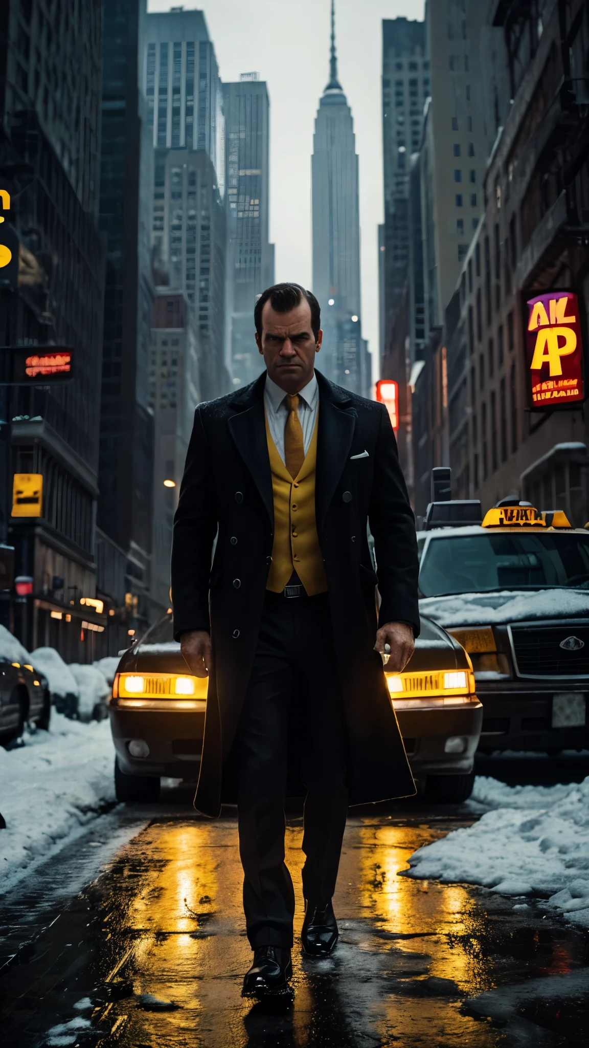 create a gta 5 loading screen artwork of Garfield the cat wearing a suit and overcoat. Take reference from all GTA artwork. Make it detailed and dramatic with studio lighting. Take reference from Max Payne series artwork. Setting is New York City wintertime. The mood is noir and dramatically melancholic. Add snow to the image and yellow cab taxi in the background. Convey a sense of grief and vengeance. Make it moody and cold and sad.