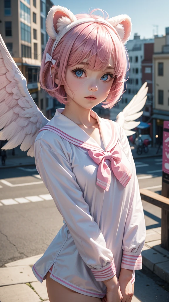 skistyle, 1girl, solo, pink hair, animal ears, blue eyes, wings, looking at viewer, bangs, short hair, bow, sailor collar, white sailor collar, hair bow, pink bow, closed mouth, shirt, white shirt, bear ears, bob cut, mini wings, portrait, detached wings, makeup, upper body, city in background