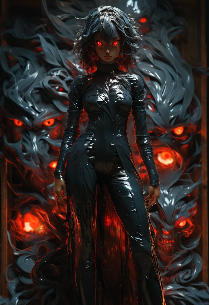 Full length view, demon girl, glossy, top view, tanned skin, slime, black slime, gooey, manga style, mysterious, red eyes, perfect face, tousled hair, natural skin, soft impressionistic perfect composition, large reflective eyes ,full body, dramatic, insanely detailed, 4k resolution, cinematic, dramatic atmosphere, surround lighting, cinematic lighting, studio quality