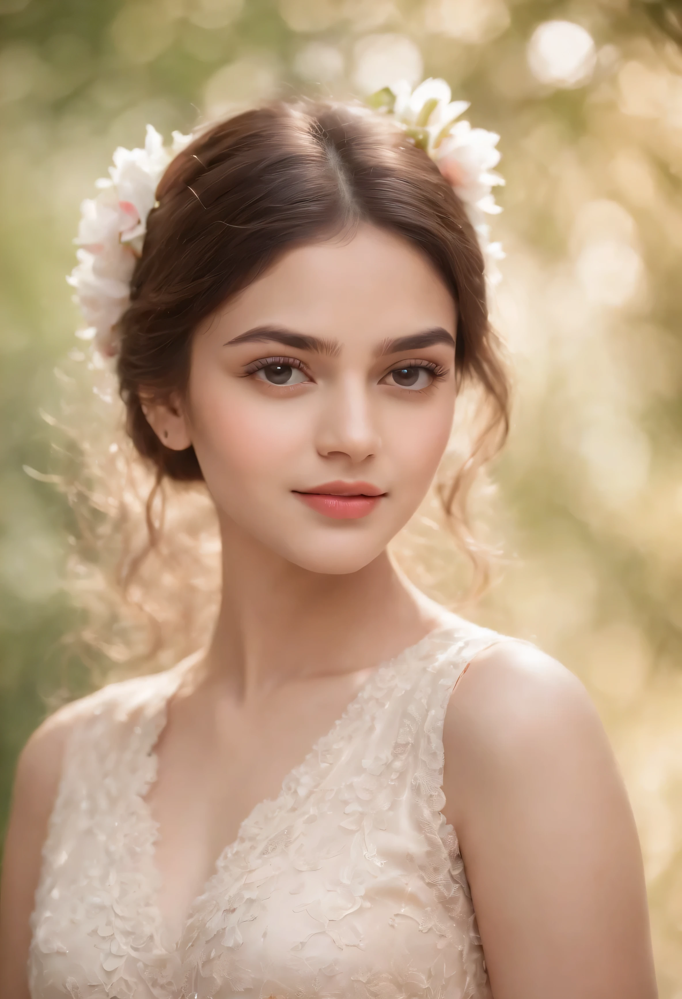 indian girl, 18 years old, (highres, masterpiece:1.2),  (full body view:1.4), 
realistic portrait, rosy lips, adorable facial expression, long eyelashes and thick eyebrows, soft curly long hair, flowy dress with floral patterns, playful and innocent smile, beautiful natural light, soft pastel colors, vibrant background of blooming flowers, sweet and warm atmosphere, happy and carefree mood, perfect balance between innocence and maturity, impeccable attention to detail, emotive and lifelike portrayal, classic and timeless aesthetic