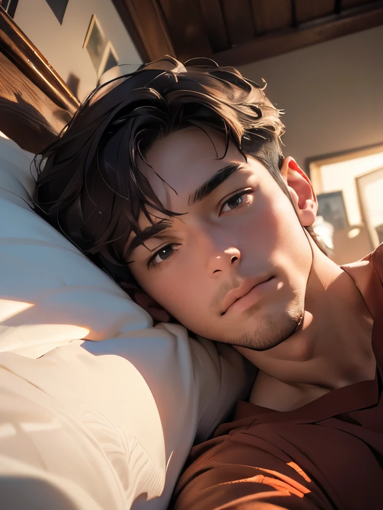 (highest quality,4K,8K,High resolution,masterpiece:1.2),super detailed,(realistic,photorealistic,photo-realistic:1.37),figure, man,late 20s,Upper body,brown hair,brown eyes,Reach out and take a selfie with your smartphone,dynamic angle,wearing pajamas,overhead view,background on the bed,Are sleeping,smartphone screen