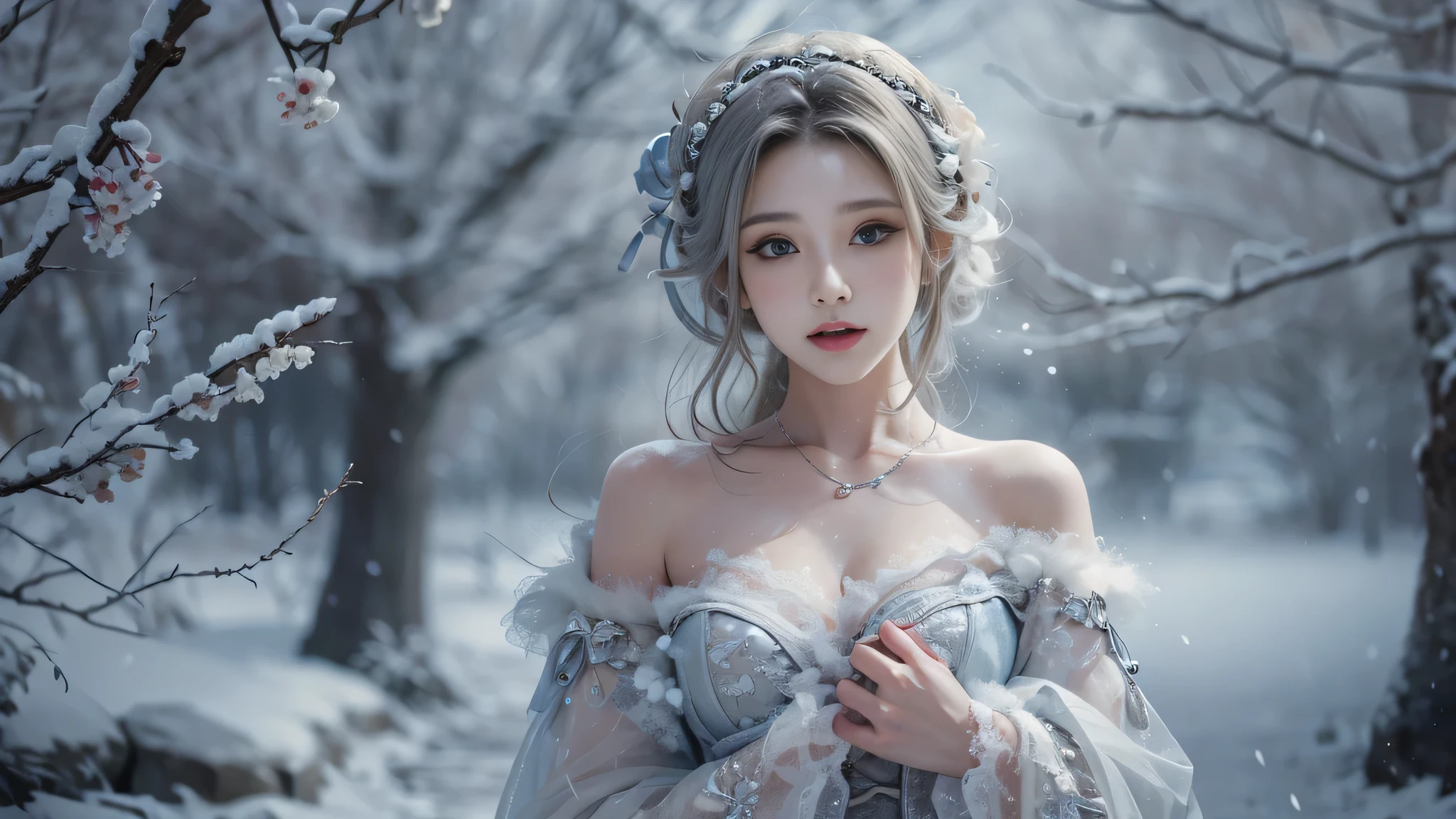 8K, best qualtiy, masterpiece, photograph realistic, Hide your face with happiness, medium breasts, silver Lolita costume, silver Lace, Aerith Gainsborough, whole body, undergarments, exposed bare shoulders, do lado de fora, outside, Covered with snow, cloaks, high high quality, Adobe Lightroom, highdetailskin, looking at viewert,