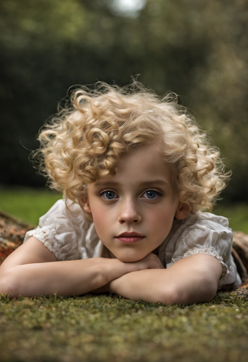 Extremadamente realista niña de 5 años con cabello rubio rizado recostada en una alfombra con una pelota, universidad de montaña negra, Grupo de Bloomsbury, Estilo de retrato de belleza eduardiana., texturas en capas , elegantemente formal (iluminación rebrandt), lente zeiss, ultra realista, (piel muy detallada:1.2), 8k hd, DSLR, Luz espectacular en el borde, alta calidad, Fujifilm XT3 HDRI