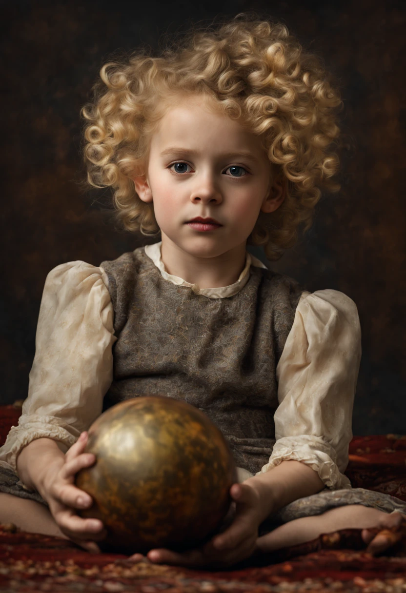 Extremadamente realista niña de 5 años con cabello rubio rizado recostada en una alfombra con una pelota, universidad de montaña negra, Grupo de Bloomsbury, Estilo de retrato de belleza eduardiana., texturas en capas , elegantemente formal (iluminación rebrandt), lente zeiss, ultra realista, (piel muy detallada:1.2), 8k hd, DSLR, Luz espectacular en el borde, alta calidad, Fujifilm XT3 HDRI