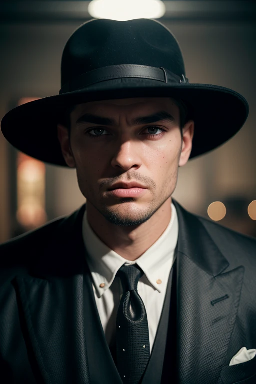 Huge man, gangster, black hat with brim in the style of the 30s, strict black suit, in an old bar, threatens , eye contact, looks at the viewer, masterpiece, best quality, perfect detail, perfect face detail, perfect eye detail, perfect detail  skin, depth of field, ideal lighting