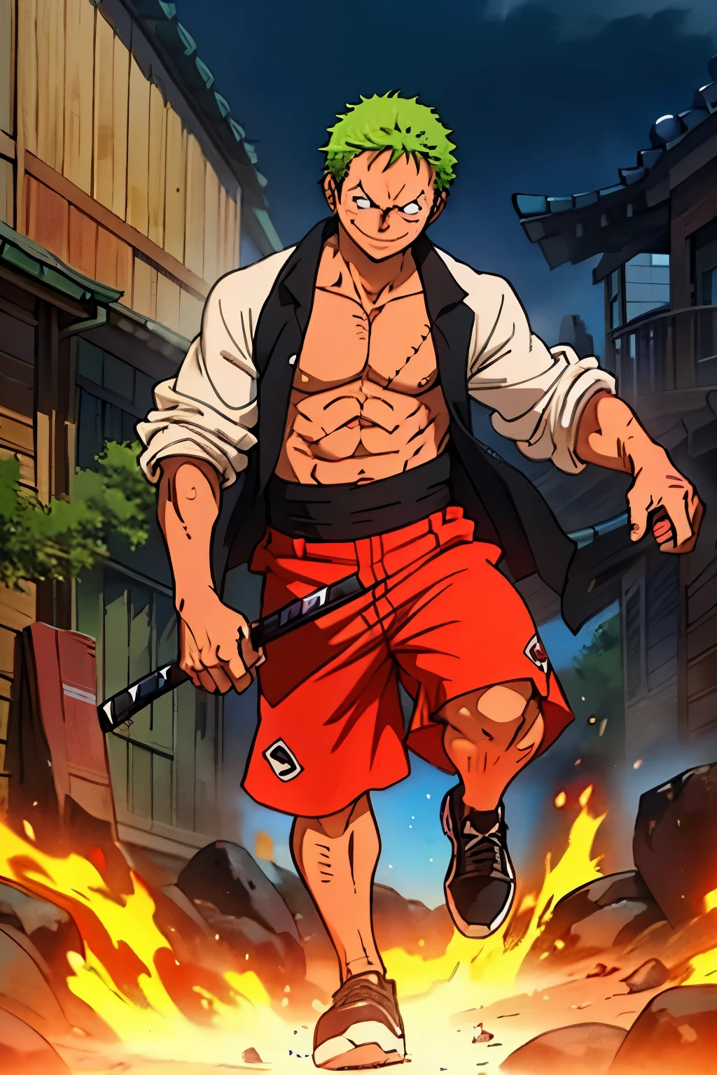 Anime character running through a fire with a sword in his hand - SeaArt AI