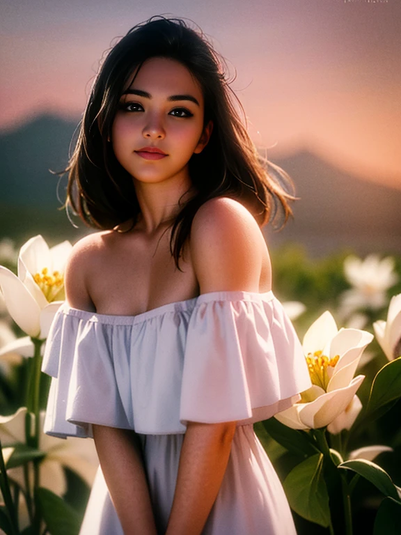 Best quality, masterpiece, ultra high res, (photorealistic:1.4), raw photo, 1girl, white dress, off shoulder, blossom flower field, glowing skin, light smile