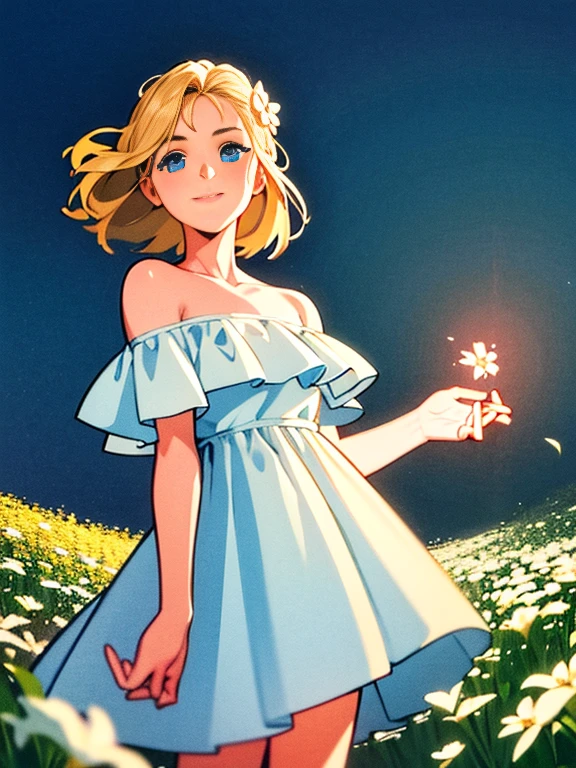 Best quality, masterpiece, ultra high res, 2D illustration, solo, 1 girl, blonde hair, blue eyes, white dress, off shoulder, blossom flower field, glowing skin, light smile, standing up.