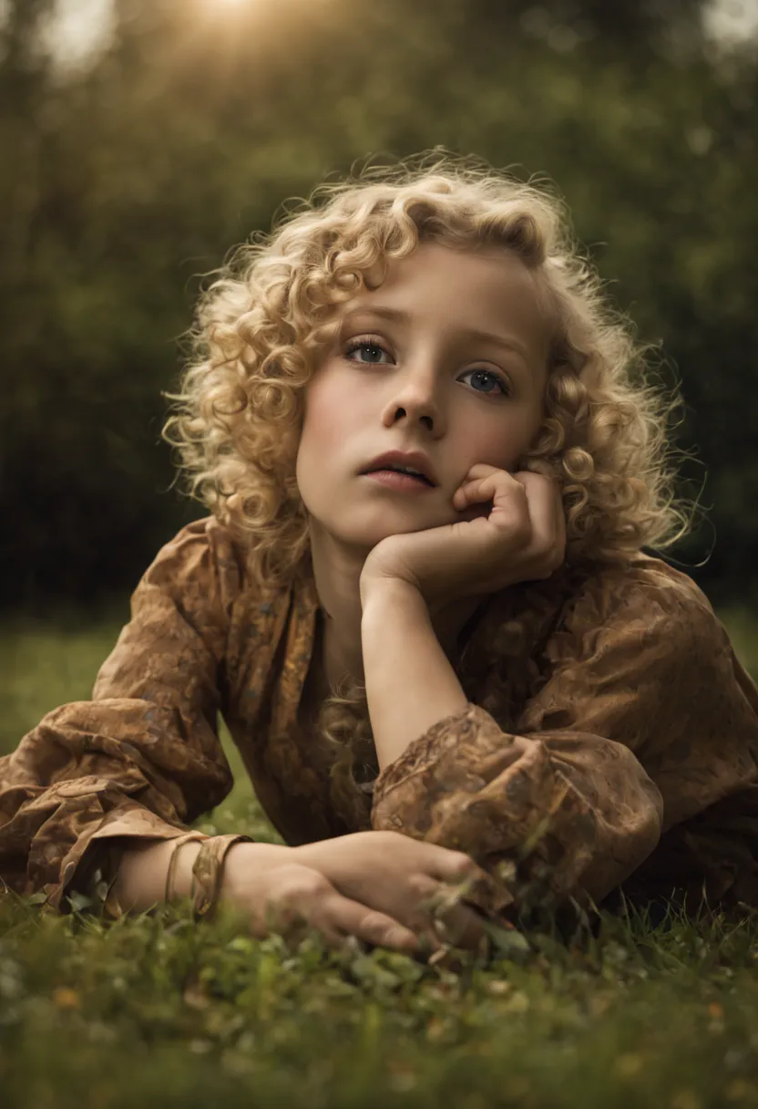 Extrememly realistic wean aged 5 with blonde unruly curly hair lying on the grass with her hands on her chin  black mountain col...