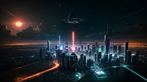 planetary landing of spacecraft, cyberpunk city with spaceport, many flying cars, many glowing buildings, distant sunset in dark...