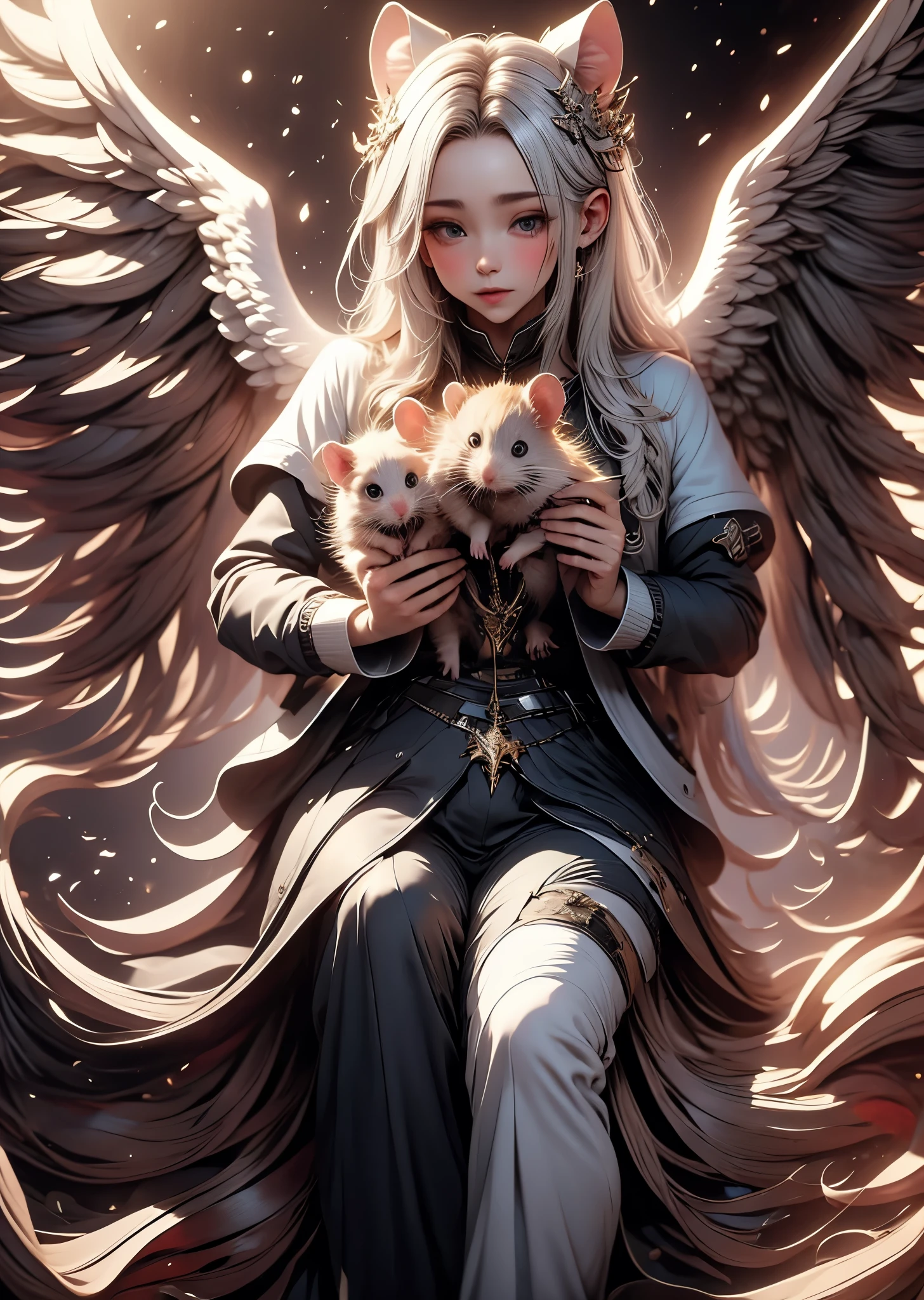 A scene of Genesis, where a cute hamster passes away and ascends to heaven, with its hands clasped together and a halo above its head. It has a pair of incredibly large angel wings, creating an epic masterpiece. The image is of the highest quality, evoking deep emotions in anyone who sees it.