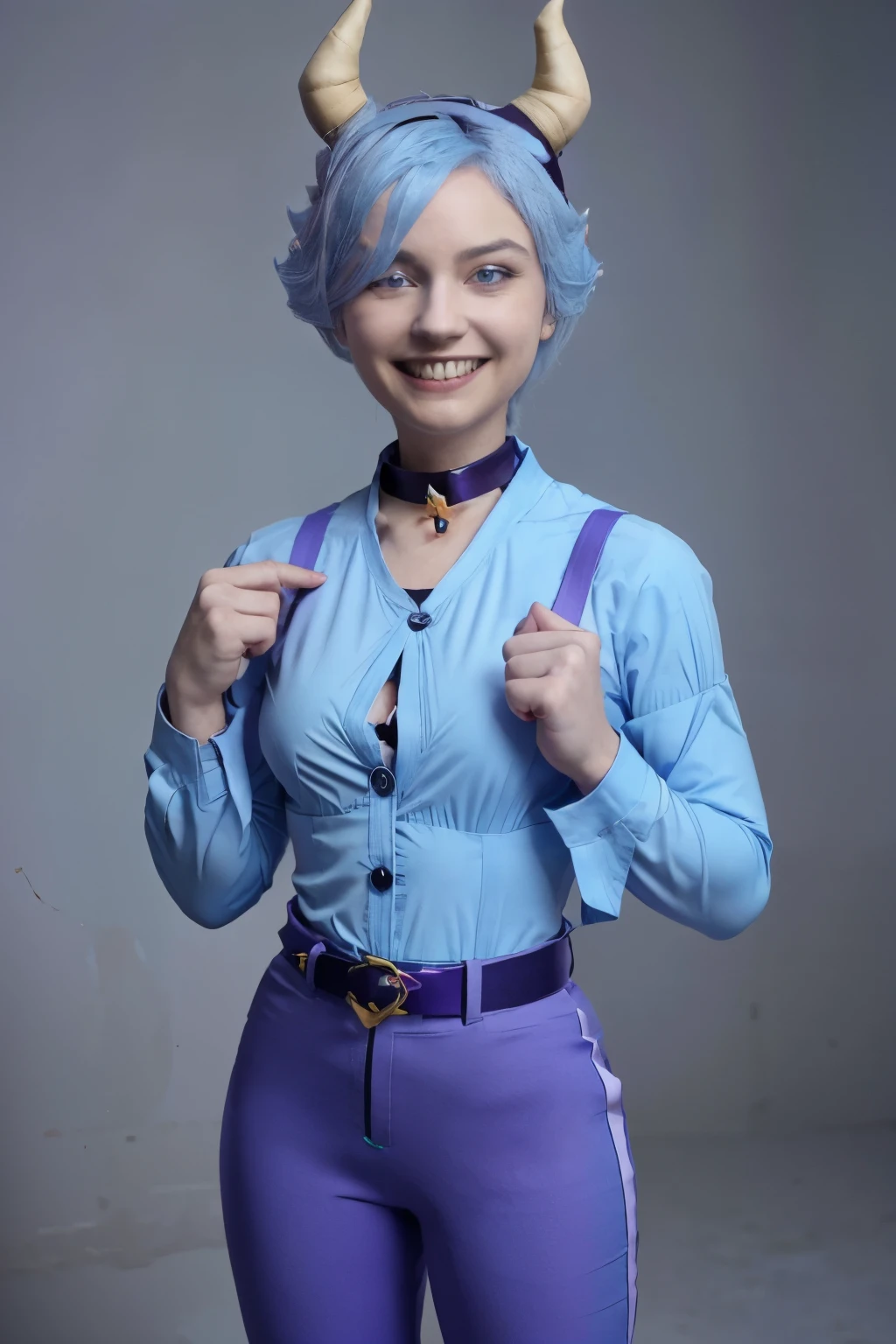 A woman in a blue shirt and purple pants with horns on her head - SeaArt AI