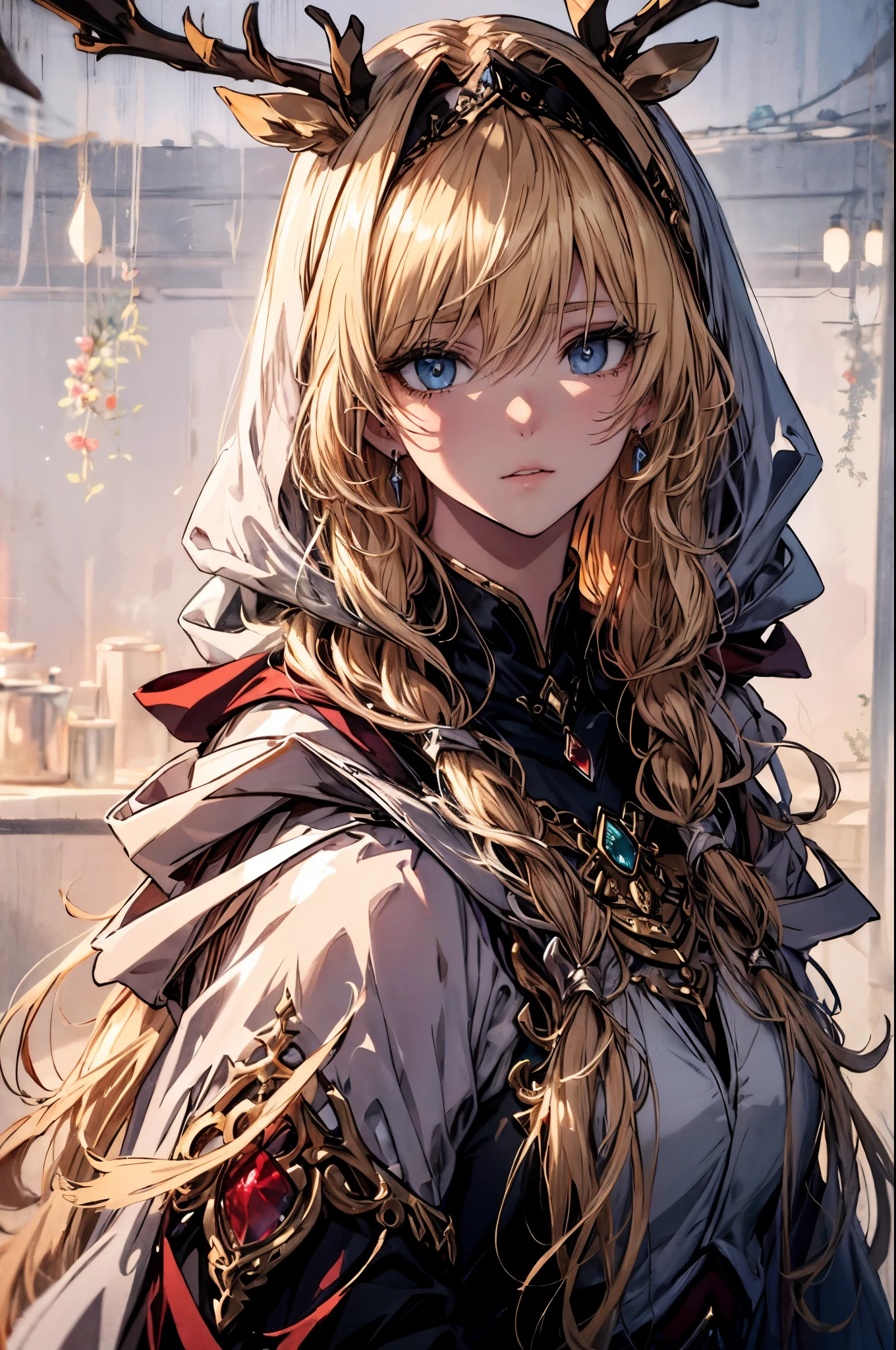 (best quality, 4K, 8k, high resolution, masterpiece:1.2), Super detailed, Noble maiden, Exquisite facial features，Long blonde curly hair details expressed, elegant gesture, dreamy atmosphere, expressive brush strokes, mysterious atmosphere, artistic interpretation,Delicate curls，Detailed floral jewelry, Crystal diamond jewelry，Small fresh aesthetics，Stunning intricate costumes, fantasy illustration, Subtle colors and tones, The details have been upgraded