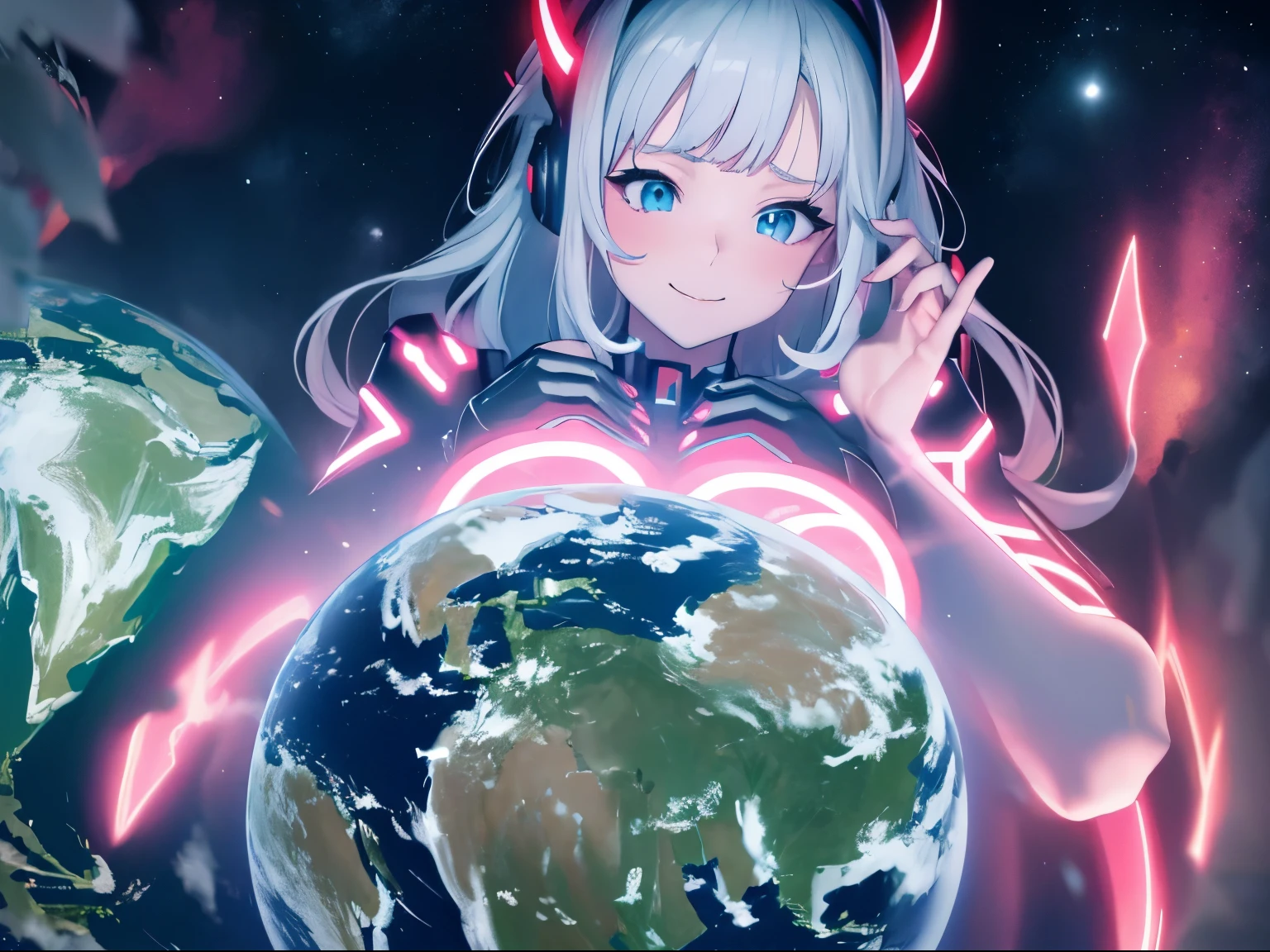 Anime girl with horns and horns around the earth - SeaArt AI