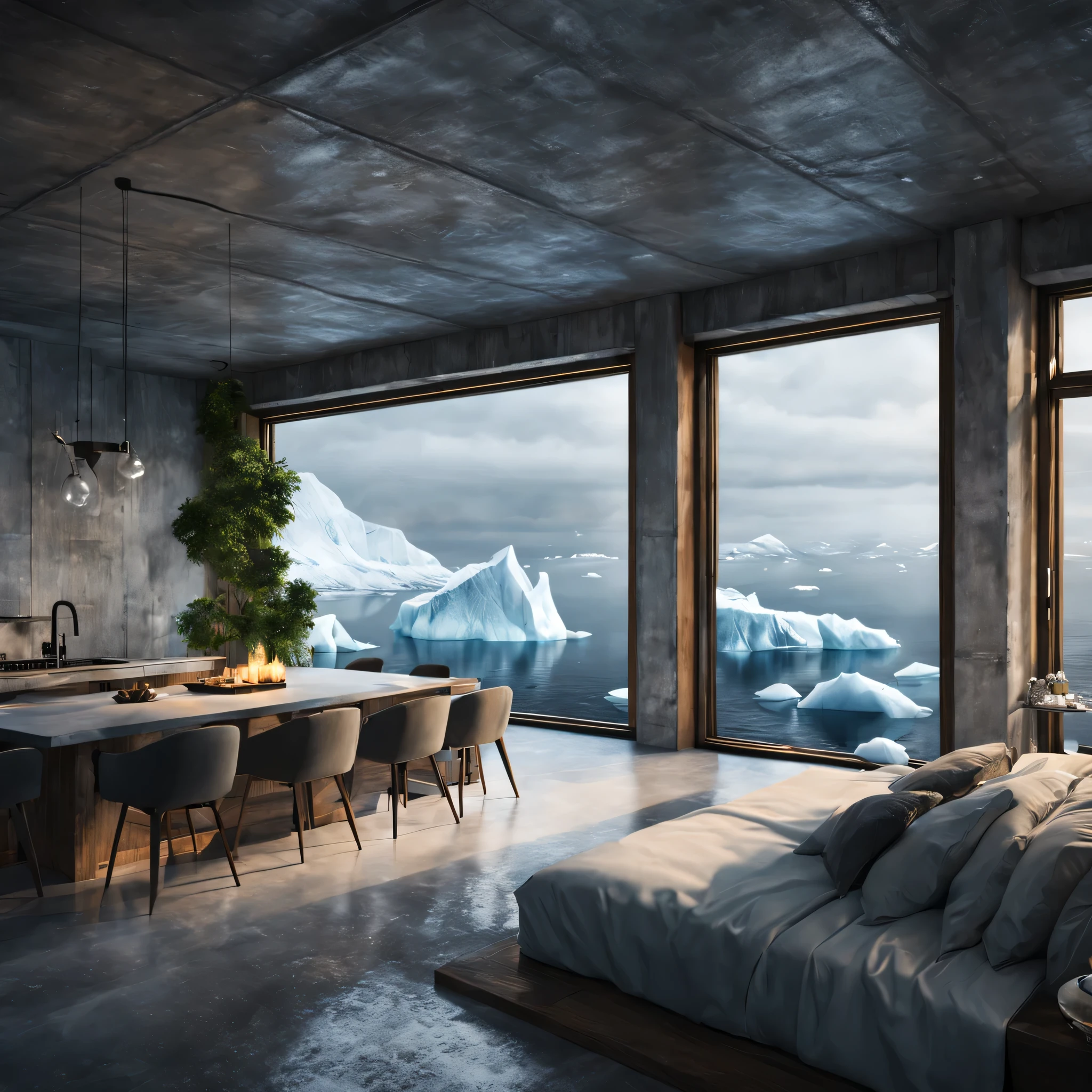 design the interior of a concrete mansion within an iceberg, surrounded by icebergs and the cold sea. Create a cozy and warm space using wooden and concrete materials, with huge glass windows offering breathtaking views. Merge modern luxury with natural elements, crafting an inviting atmosphere that harmonizes with the Arctic surroundings. Let your imagination redefine opulence against the backdrop of this frozen seascape. Cozy lights, plants, cozy environment, blizzard outside, Photoreal, ultrarealisitc, ultradetailed