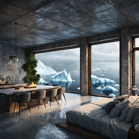 design the interior of a concrete mansion within an iceberg, surrounded by icebergs and the cold sea. Create a cozy and warm spa...