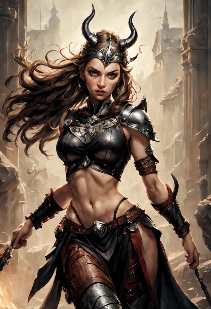 Beautiful warrior woman, Gorgeous face, photo realistic, Full body running, Her presence is a symphony of contrasts, A harmony between the elegant and the reckless, dressed in parts of armor and sexy leather clothing, Elegant and warrior at the same time, His perfect anatomy stands as a guardian of an ancient time, every detail of this beautiful Viking warrior is a masterpiece, A testament to the artistic skill and technical prowess of the hands that created him, Photographic quality, His piercing gaze reveals a determination unshakable forged in the battles and challenges it has overcome., in the blurred background of the image, In an ancient city spreads like a tapestry of shadows and dancing lights.