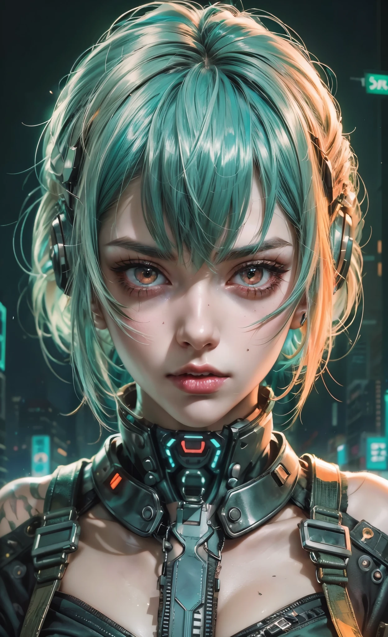 a close up of a person with green hair and red eyes, perfect android girl, digital cyberpunk anime art, digital cyberpunk - anime art, cyberpunk anime girl, female cyberpunk anime girl, anime cyberpunk art, cyberpunk anime girl mech, anime cyberpunk, anime style 4 k, cyberpunk anime art, beautiful cyberpunk girl face, dreamy cyberpunk girl, modern cyberpunk anime, cyber style